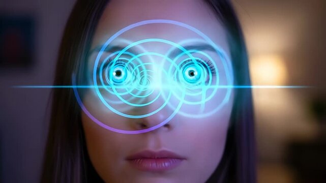 futuristic biometric eye scan with holographic rings and neon blue glow