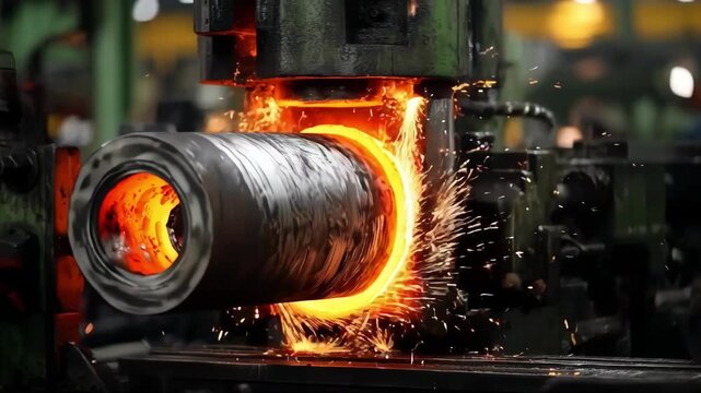 Dynamic medium shot capturing rapid roll forging process with sparks flying as the billet is quickly lengthened under powerful machinery in a bustling factory environment.