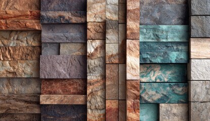 Close-up of various textured stone blocks in vertical columns, showcasing diverse colors