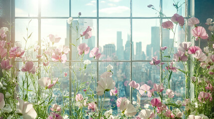 Large office window grid, each pane framed by thin stems of sweet pea flowers in pink and white