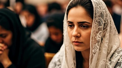 A Young Middle-Eastern Woman in a White Headscarf Praying During a Religious Ceremony with Attendees in the Background, Emphasizing Spiritual Reflection and Community