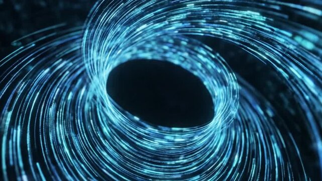 A swirling, abstract digital vortex composed of glowing blue particles against a dark background