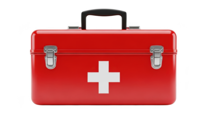 Red first aid kit with white cross on a transparent background