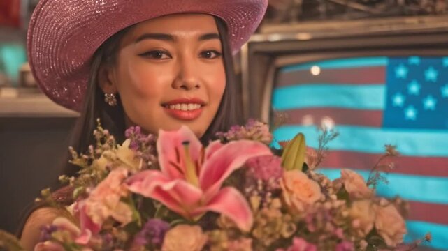 A captivating close-up captures a smiling young woman wearing a shimmering pink cowboy hat, exuding cheerfulness and joy. She gently holds a luxuriant, vibrant bouquet of fresh, mixed flowers, featuri