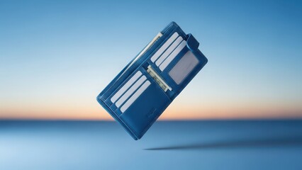 Blue wallet floating over ocean water at sunset