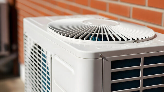 White air conditioner condenser unit installed outside a house | Close-up of HVAC system fan grille and housing against brick wall | Modern outdoor cooling technology and energy efficiency