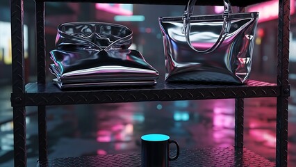 Futuristic Shiny Black Boots and Handbag Displayed on a Shelf with Neon Lights.