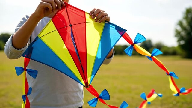 A cheerful young person in a white shirt joyfully prepares a vibrant multi-colored kite, featuring bright red, blue, and yellow segments, in a sunny grass field on a clear day.