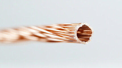 Macro of a single cut wire from Christmas lights against a clean white background
