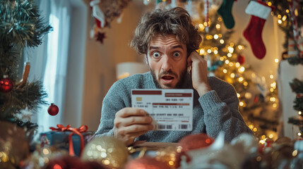 Man looking at credit card bill with shocked expression amidst leftover holiday decorations
