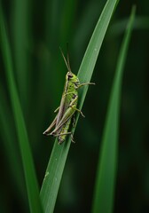 Fototapeta premium A detailed close-up shot of a small green grasshopper resting on a vibrant blade of green grass in a natural outdoor meadow environment ,hopper ,exoskeleton ,grass