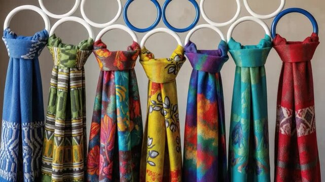 Silk Scarves Displayed: A captivating display of colorful silk scarves gracefully hanging, their intricate patterns and vibrant hues creating a visual symphony of fashion and art.
