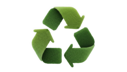 Eco-friendly green recycling symbol made of grass on black background, representing sustainability and environmental conservation.