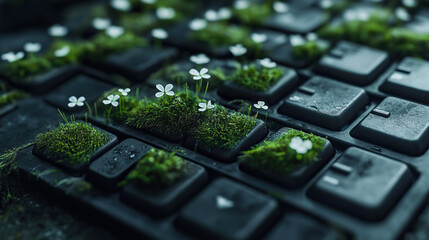 Mechanical keyboard where the keycaps are replaced by small squares of fresh moss