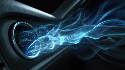 Close-up of a dark car interior with cool blue smoke flowing from an air vent