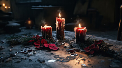 Memorial scene with warm candlelight, Flickering flames illuminate snowy altar setting