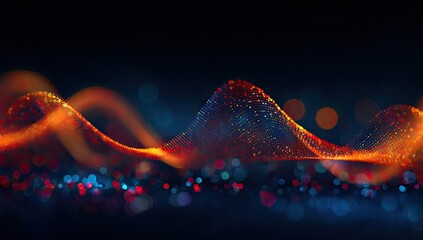 Dynamic abstract digital wave of glowing orange and blue particles with bokeh