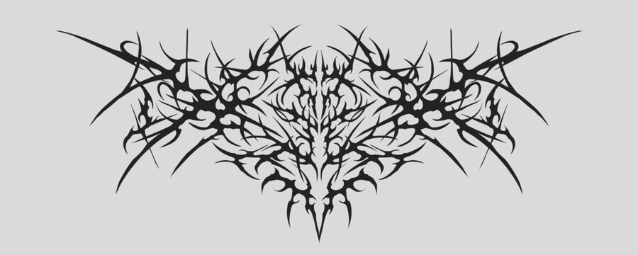 Symmetrical abstract tribal thorn ornament in solid black with extreme gothic metal style, created for band logos, dark streetwear graphics, aggressive branding, and underground visual identity