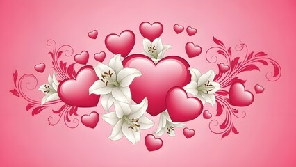 Romantic Pink Hearts and White Lilies on Pink Background