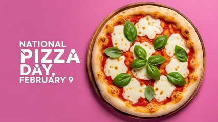 Top view of a classic Margherita pizza with fresh basil and mozzarella on a pink background for National Pizza Day on February 9