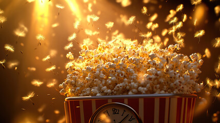 Movie theater popcorn machine overflowing not with popcorn, but with fluffy white dandelion clocks, some seeds floating in air