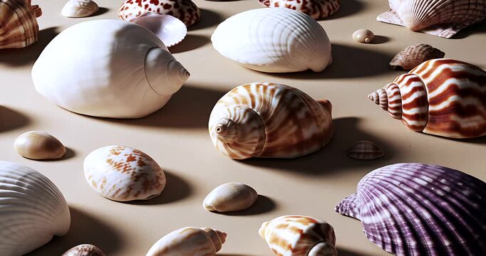 Assorted colorful seashells on beige surface