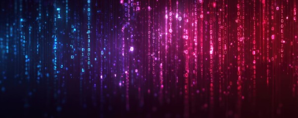 A vibrant abstract image featuring descending lines of sparkling blue, purple, and red