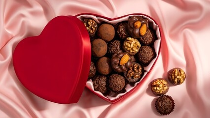 Gourmet Chocolates in Heart Shaped Box on Pink Satin Background