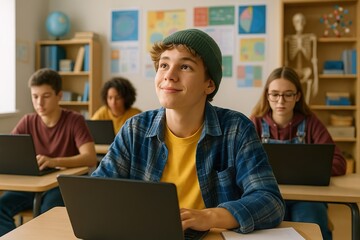 Student Using Laptop in Classroom with Focused Expression