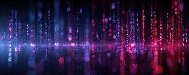 A digital abstract with flowing binary code, red and blue lights, and a bokeh background