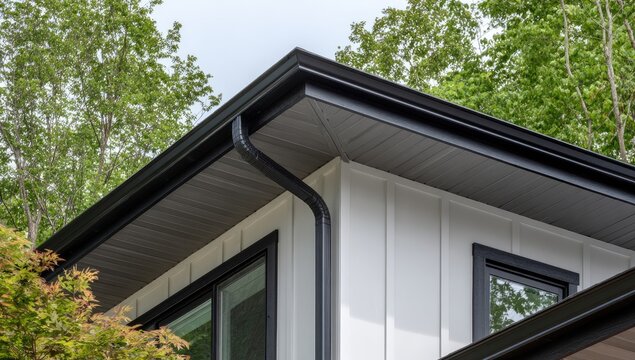 Modern house exterior featuring white siding, black gutters, and green trees