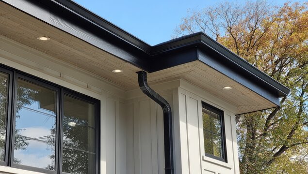 Exterior of a modern home featuring black gutters, white siding, and wooden soffit