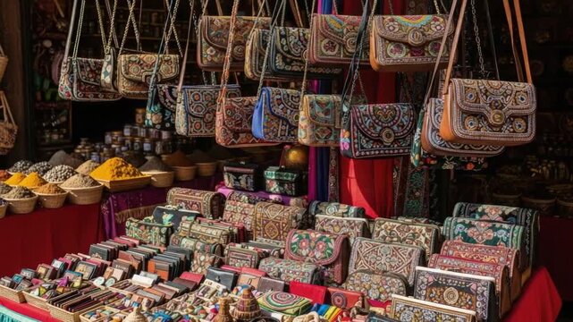 Exotic Artisan Purses Display: A vibrant display of intricately designed artisan purses at a bustling market stall, showcasing a variety of colors, textures, and styles. A feast for the eyes.