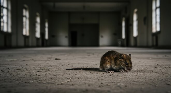 A tiny field mouse sits hunched and dejected on a massive, dusty floor in a large, abandoned building, overwhelmed by painful isolation ,indoor ,shadow ,solitude