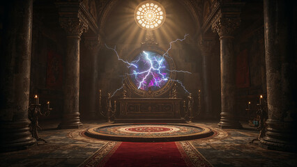 Altar in Ancient Temple, Glowing Lightning Portal Circle Above, Fantasy Mysterious Background