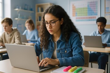 Focused Female Student Using Laptop in Classroom Setting
