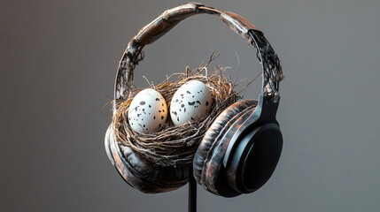 Noise-canceling headphones on a stand, the ear cups holding two small, perfect bird nests with eggs