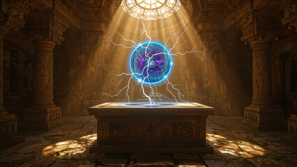 Altar in Ancient Temple, Glowing Lightning Portal Circle Above, Fantasy Mysterious Background