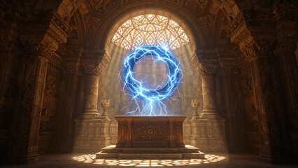 Altar in Ancient Temple, Glowing Lightning Portal Circle Above, Fantasy Mysterious Background