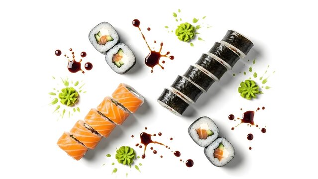 Top view of assorted sushi rolls with wasabi and soy sauce