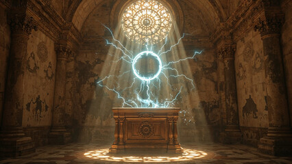 Altar in Ancient Temple, Glowing Lightning Portal Circle Above, Fantasy Mysterious Background