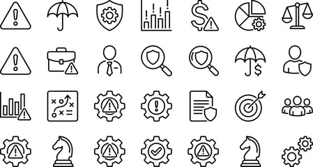 Risk management and business security icon set featuring insurance protection, financial warning, crisis strategy, industrial gears, legal justice scales, corporate shield, 