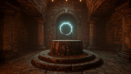 Altar in Ancient Temple, Glowing Lightning Portal Circle Above, Fantasy Mysterious Background