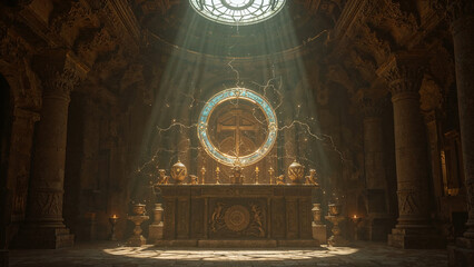 Altar in Ancient Temple, Glowing Lightning Portal Circle Above, Fantasy Mysterious Background