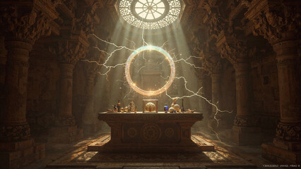 Altar in Ancient Temple, Glowing Lightning Portal Circle Above, Fantasy Mysterious Background