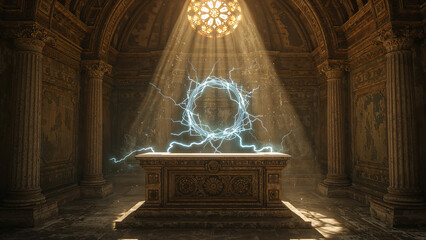 Altar in Ancient Temple, Glowing Lightning Portal Circle Above, Fantasy Mysterious Background
