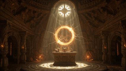Altar in Ancient Temple, Glowing Lightning Portal Circle Above, Fantasy Mysterious Background