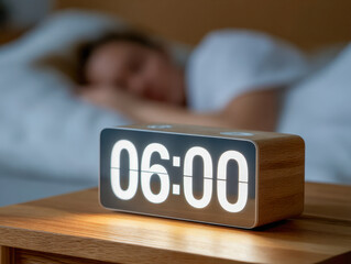 Digital wooden alarm clock showing six o'clock in the morning on a bedside table with a person sleeping peacefully in the background in a cozy bedroom setting