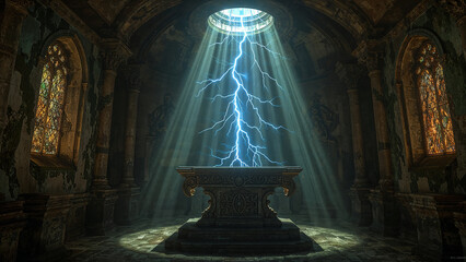 Altar in Ancient Temple, Glowing Lightning Portal Circle Above, Fantasy Mysterious Background