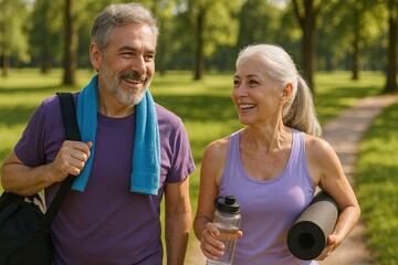 Active Senior Couple Walking Together Outdoors After Workout
